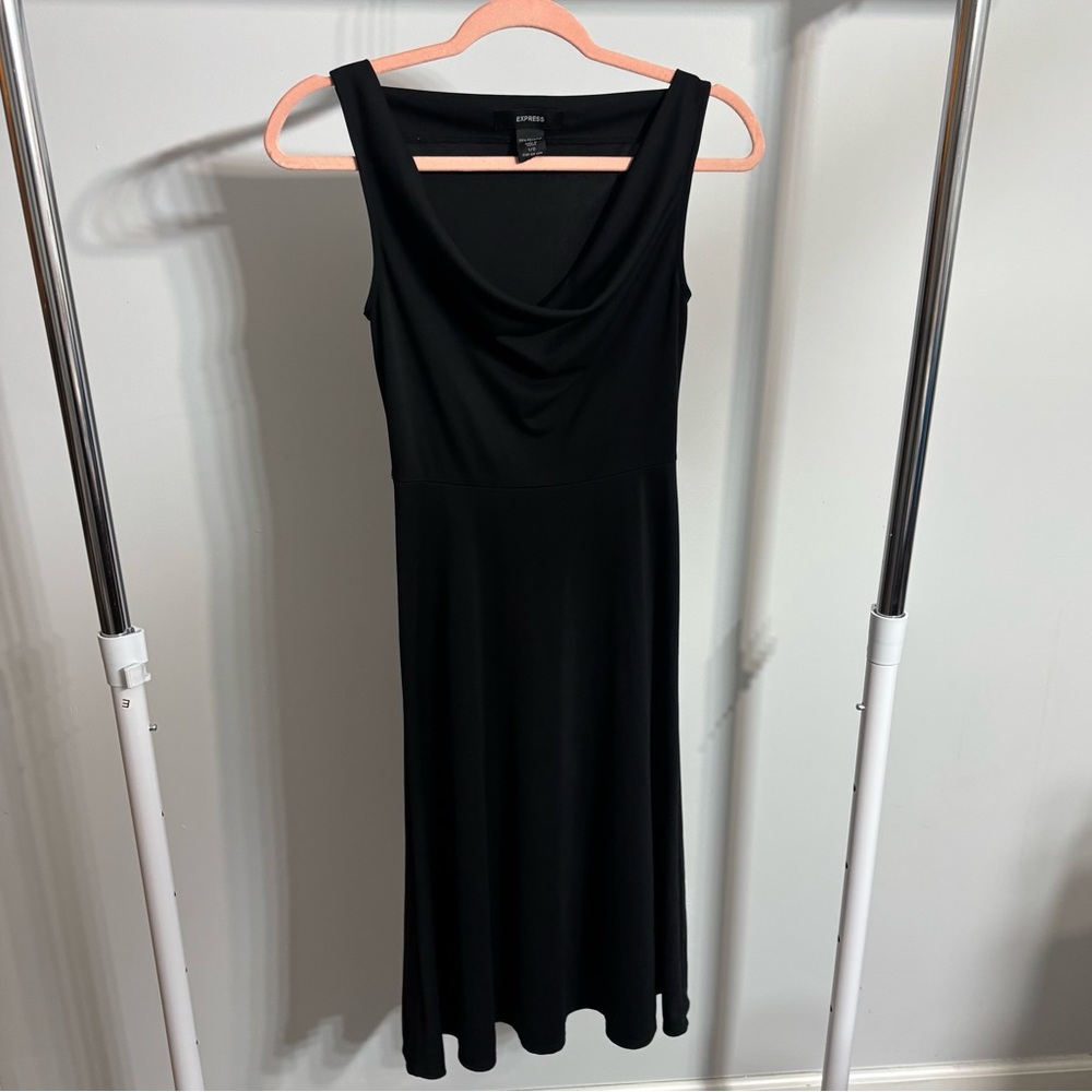 Express Classic Black Cowl Neck Sleeveless Midi A- Line Dress